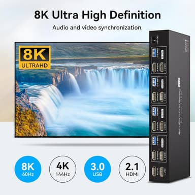 NÖRDIC KVM 4x2 HDMI-kytkin 4PC kahdelle näytölle HDMI 8K60Hz, 1x3.5 mm ja 4xUSB-A