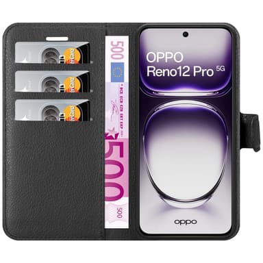 Oppo Reno 12 Pro Suojakuori Lompakkokotelo (Musta)