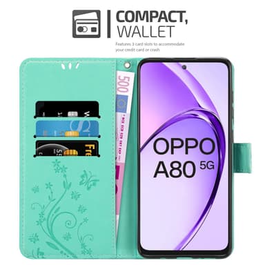 Oppo A80 Suojakuori Lompakkokotelo Kukka (Turkoosi)