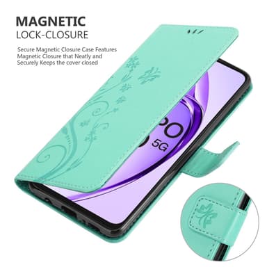 Oppo A80 Suojakuori Lompakkokotelo Kukka (Turkoosi)