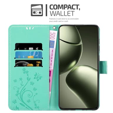 Xiaomi 14T Suojakuori Lompakkokotelo Kukka (Turkoosi)