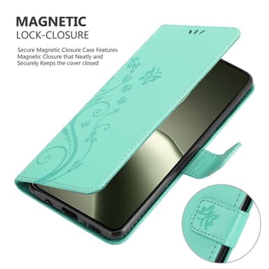 Xiaomi 14T Suojakuori Lompakkokotelo Kukka (Turkoosi)