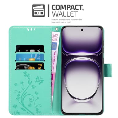 Oppo Reno 12 Suojakuori Lompakkokotelo Kukka (Turkoosi)