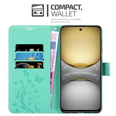 Realme C75 Suojakuori Lompakkokotelo Kukka (Turkoosi)
