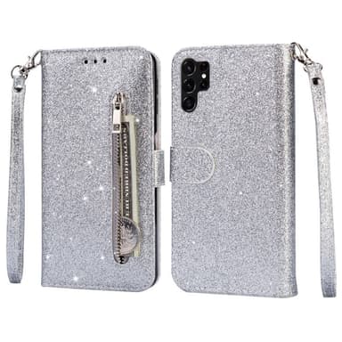Samsung Galaxy S25 UltraTaittuva Glitter-Suojakotelo Vetoketjutaskulla – Hopea