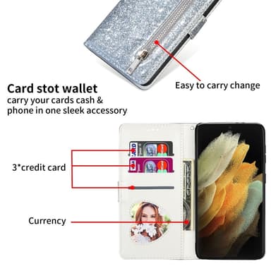 Samsung Galaxy S25 UltraTaittuva Glitter-Suojakotelo Vetoketjutaskulla – Hopea