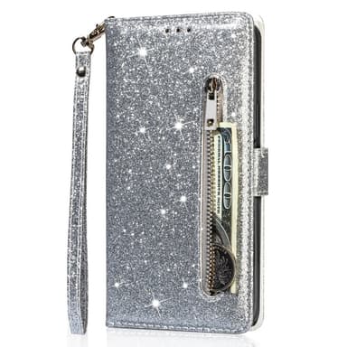 Samsung Galaxy S25 UltraTaittuva Glitter-Suojakotelo Vetoketjutaskulla – Hopea