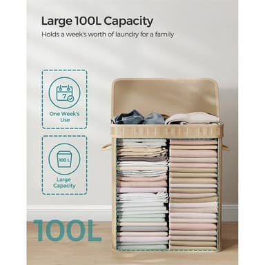 Pyykkikori kannella ja kantokahvalla 100L - Bambu