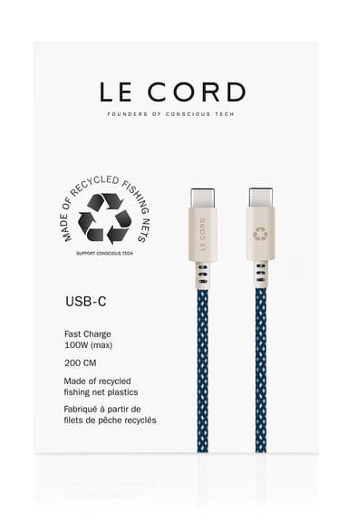 USB Sea Blue ·Tyyppi C · 100W · 2 metriä · Valmistettu kierrätetyistä kalaverkoista