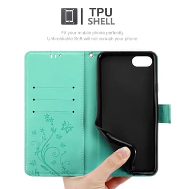 iPhone SE4 Suojakuori Lompakkokotelo Kukka (Turkoosi)