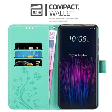 HTC U24 PRO Suojakuori Lompakkokotelo Kukka (Turkoosi)