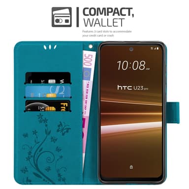 HTC U23 PRO Suojakuori Lompakkokotelo Kukka (Sininen)