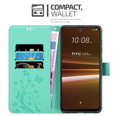 HTC U23 PRO Suojakuori Lompakkokotelo Kukka (Turkoosi)