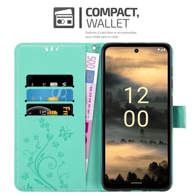 Nokia XR21 Suojakuori Lompakkokotelo Kukka (Turkoosi)