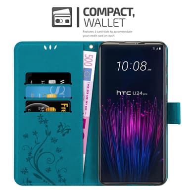 HTC U24 PRO Suojakuori Lompakkokotelo Kukka (Sininen)