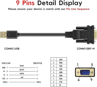 USB-A to RS232 DB9 uroskaapeli sarjalaitteille FTDI-sirulla