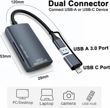 NÖRDIC USB-A, USB-C Kortinlukija 2 Paikkaa SD4.0, MicroSD4.0 UHS-II
