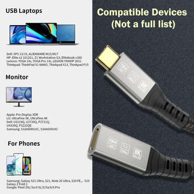 NÖRDIC 1m Thunderbolt 4 jatkokaapeli, USB-C uros-naaras, 240W pikalataus, 40Gbps, 8K 60Hz