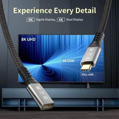 NÖRDIC 1m Thunderbolt 4 jatkokaapeli, USB-C uros-naaras, 240W pikalataus, 40Gbps, 8K 60Hz