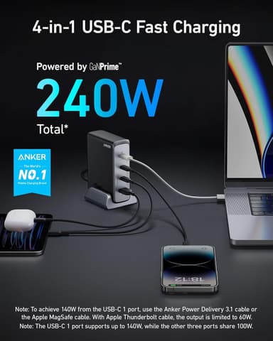 ANKER 240W Prime GaN USB-C 4-Port Pikalaturi