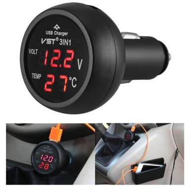 3-in-1 USB-autolaturi, jossa on volttimittari ja lämpötilan mittaus