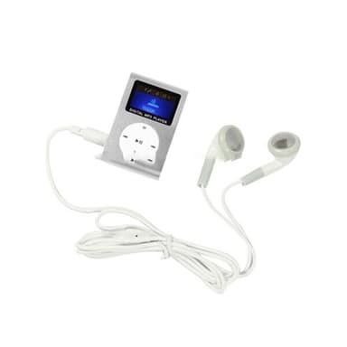 MP3-soitin LCD-näytöllä ja MicroSD-lukijalla - pienikokoinen musiikkisoitin, jossa on klipsi ja ladattava akku