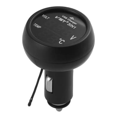 3-in-1 USB-autolaturi, jossa on volttimittari ja lämpötilan mittaus
