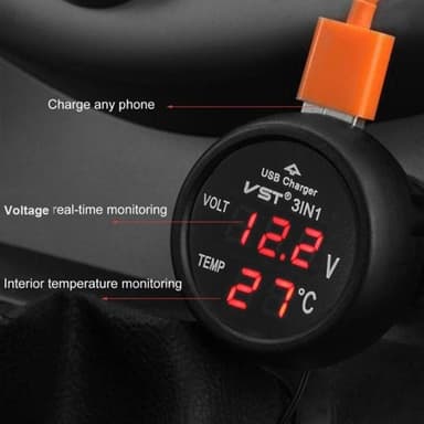 3-in-1 USB-autolaturi, jossa on volttimittari ja lämpötilan mittaus