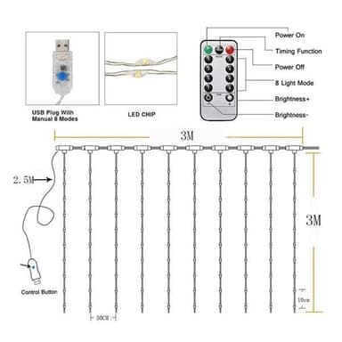 LED verho 3 x 3 metriä - Värilliset