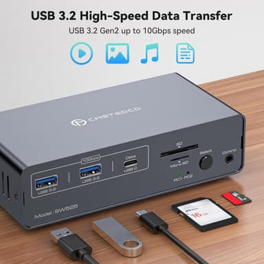 NÖRDIC USB-C Telakointiasema KVM-kytkimellä 2 tietokonetta 2 näyttöä 4K120Hz DP Gigabit Ethernet, kortinlukija, 4xUSB-A ja USB-C