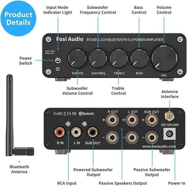 Fosi Audio BT30D Bluetooth 5.0 stereoäänivastaanotinvahvistin 2.1-kanavainen minihifi-luokan D integroitu vahvistin 2x50 wattia