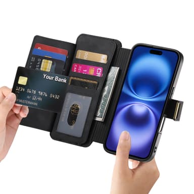 Lompakkokotelo iPhone 15:lle renkaalla ja jalustalla
