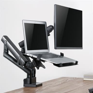 Ergonominen ja joustava pöytäkiinnike näytölle ja kannettavalle