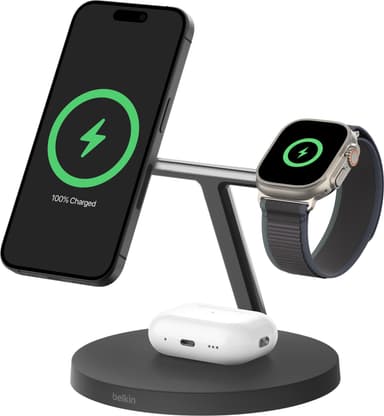 Belkin BoostCharge Pro 3-in-1 Qi2 langaton latausteline (musta)