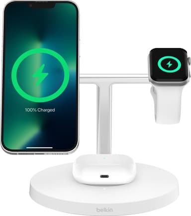 Belkin BoostCharge Pro 3-in-1 Qi2 langaton latausteline (valkoinen)