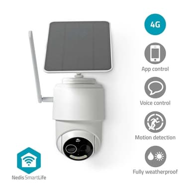 Nedis SmartLife Ulkokamera | 4G | Full HD 1080p | Kääntö/kallistus | IP65 | MicroSD (ei sisälly) / Pilvipalvelutallennus (valinnainen) | 5 V DC | Liiketunnistimella | Yökuvaus | Valkoinen