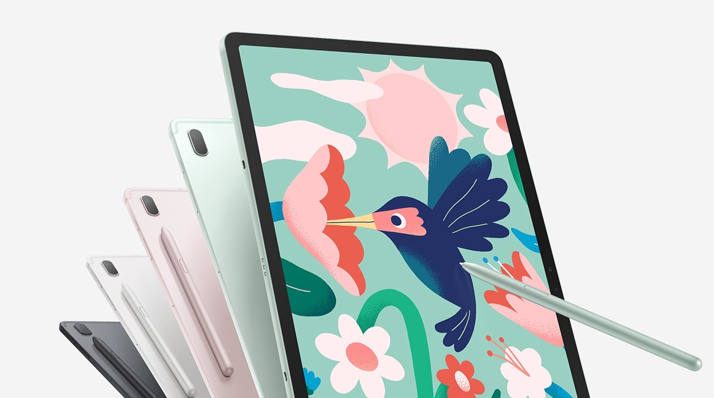 Samsung Galaxy Tab S7 FE 5G-tabletteja ja kuvitus linnusta