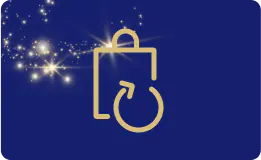 Kullan värinen 50 päivän palautusoikeuden logo sinisellä taustalla, jossa näkyy jouluisia tähtiä