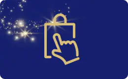 Kullan värinen Varaa ja Nouda -palvelun logo sinisellä taustalla, jossa näkyy jouluisia tähtiä