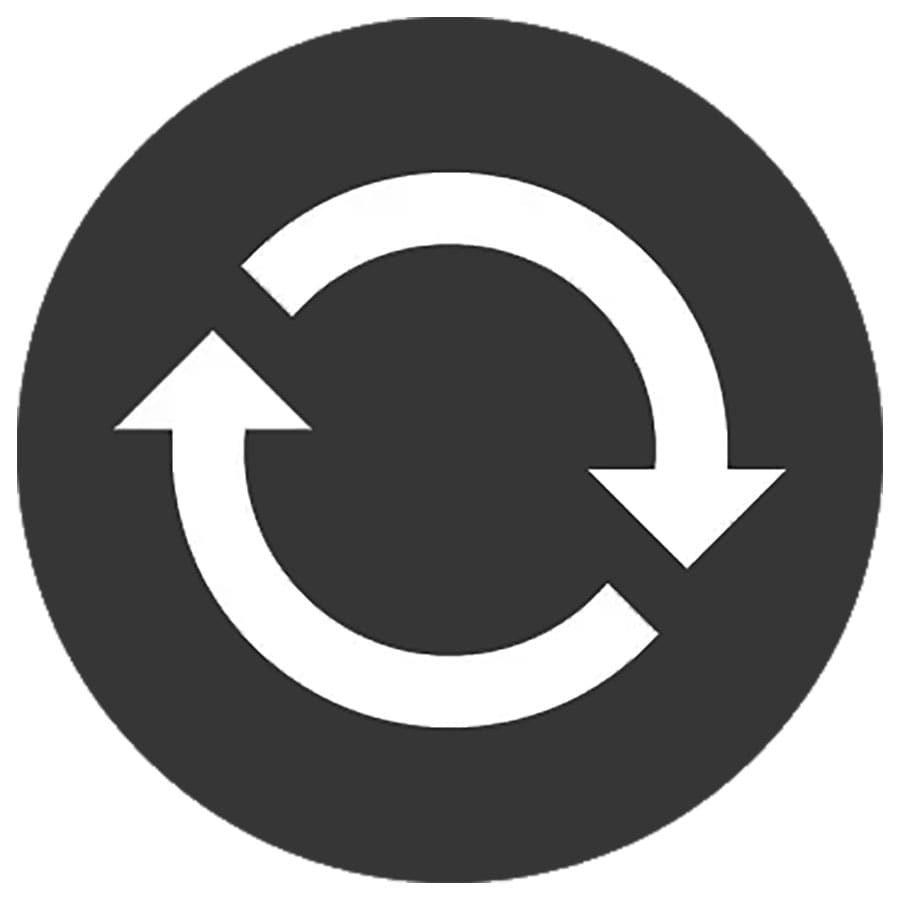 Dyson-korjauksen ja huollon logo, jossa kaksi valkoista nuolta mustan ympyrän sisällä 