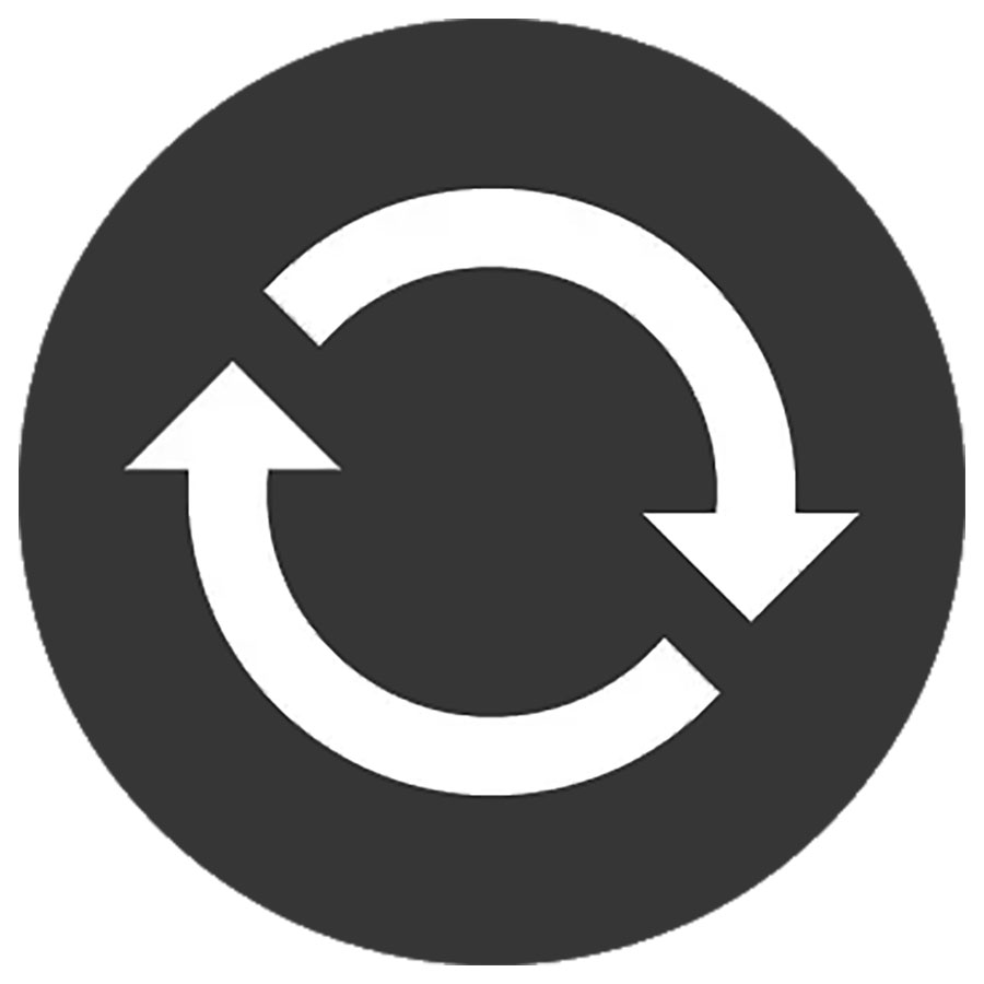 Dyson-korjauksen ja huollon logo, jossa kaksi valkoista nuolta mustan ympyrän sisällä