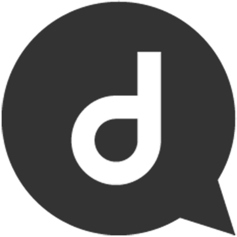 Dyson-tukipalvelun logo, jossa valkoinen D-kirjain mustan ympyrän sisällä