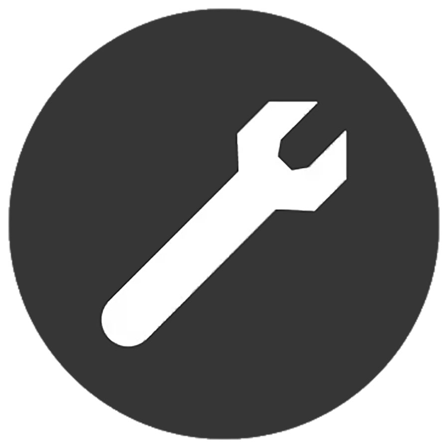 Dyson-takuun logo, jossa valkoinen jakoavain mustan ympyrän sisällä
