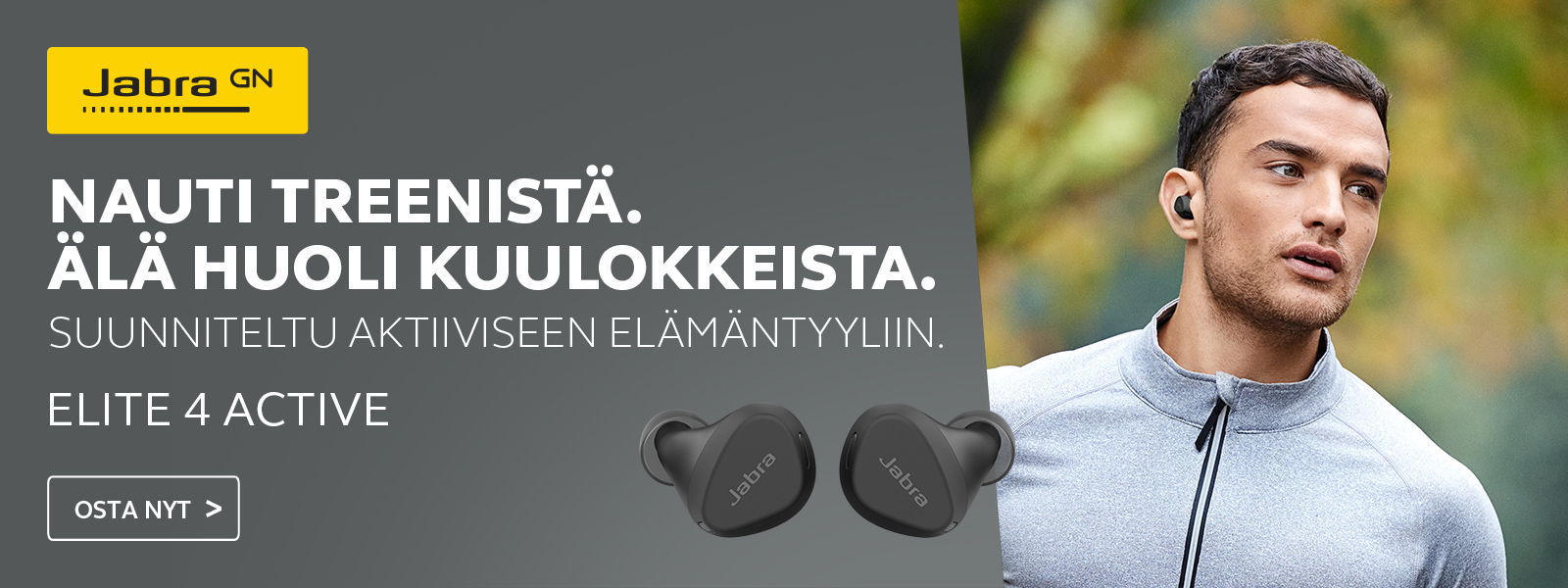 Jabra-Elite 4 Active -banneri jossa mies ja kuulokkeet sekä tekstiä
