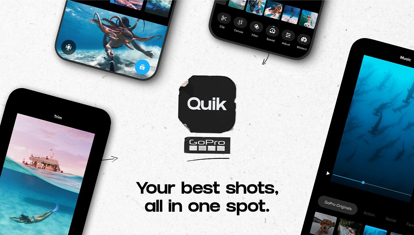 GoPron Quik-sovellus sekä teksti 'Your best shots, all in one spot'