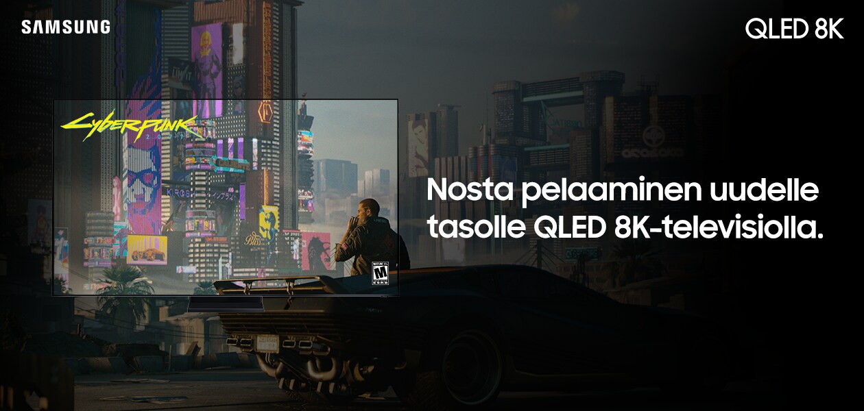 Samsung peli-tv Cyberpunk-pelimaailmassa ja mainosteksti: Nosta pelaaminen uudelle tasolle QLED 8K-televisiolla