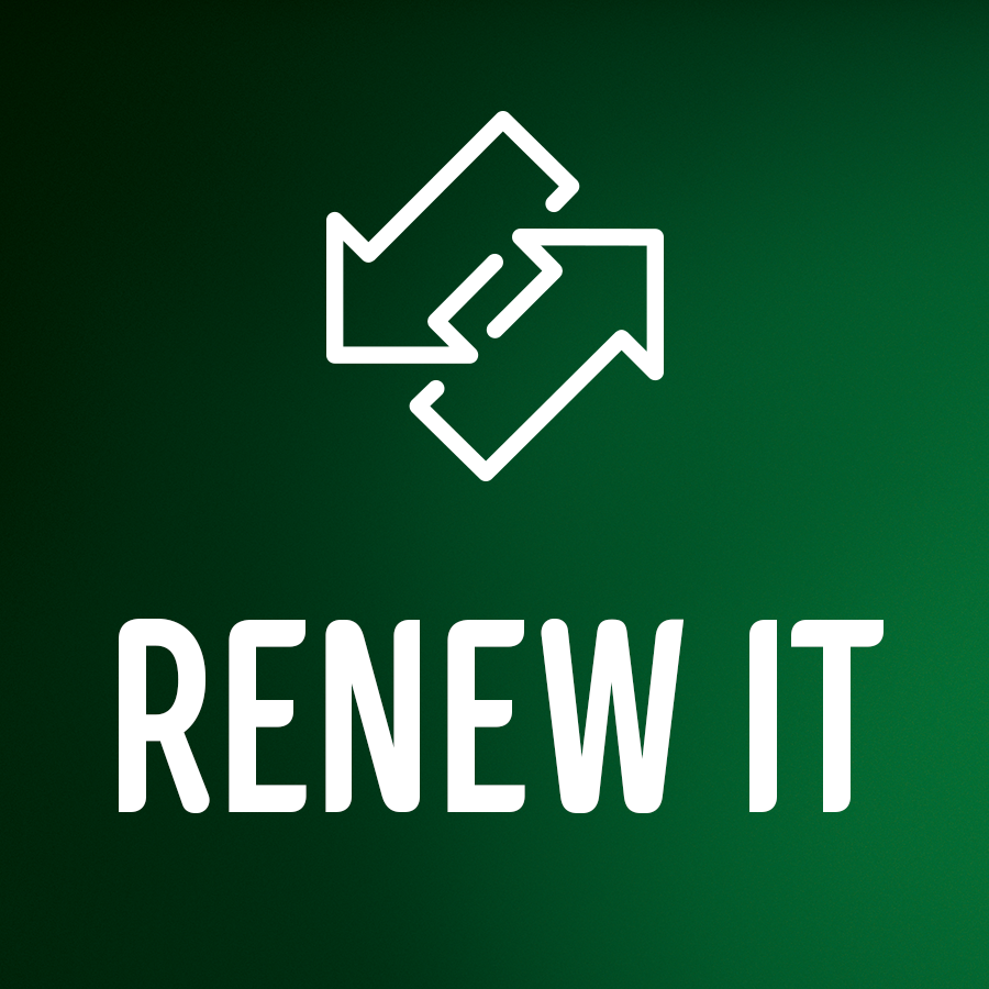 RENEW IT -teksti ja kaksi vastakkaiseen suuntaan osoittavaa nuolta