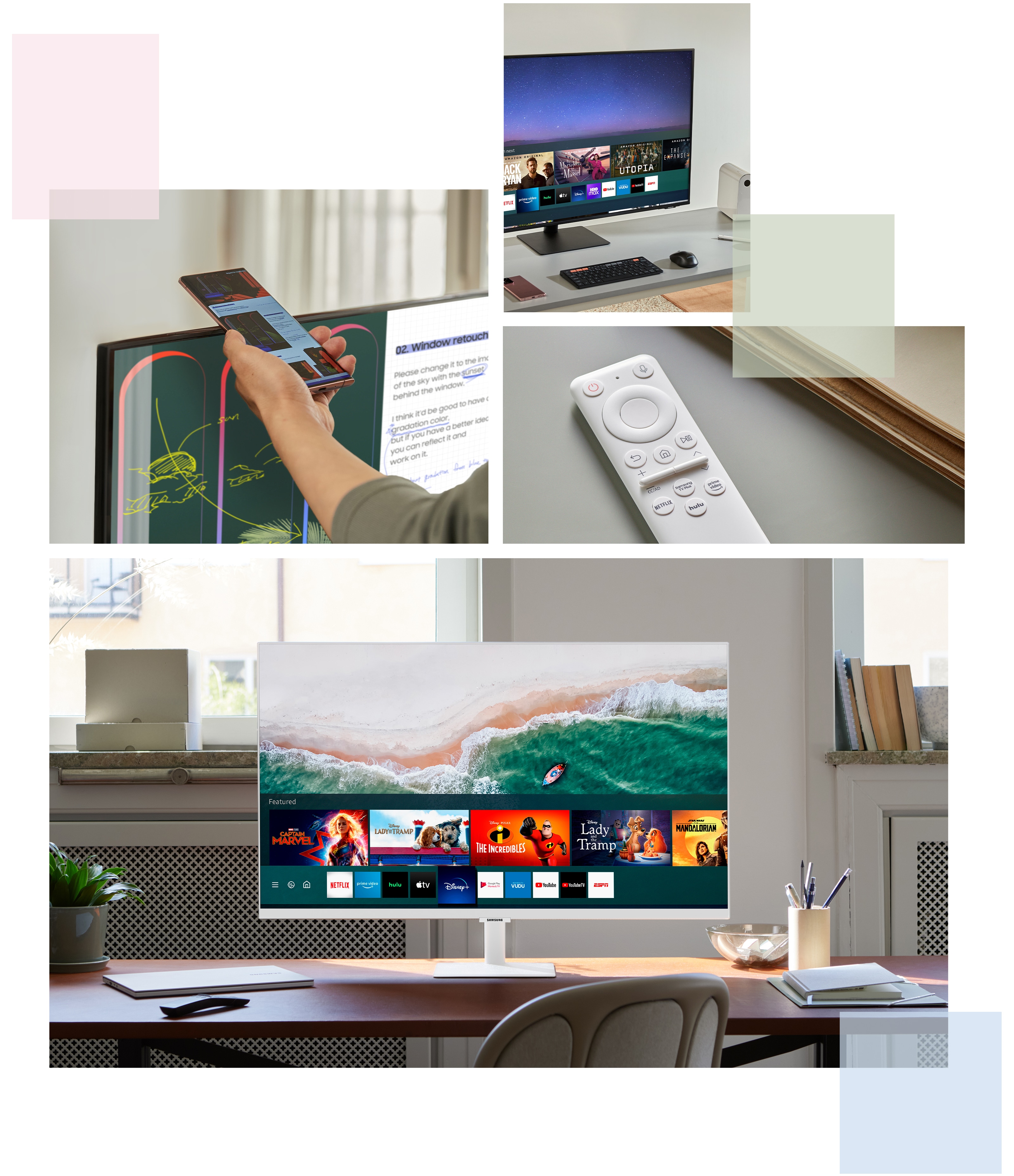 Kolmen kuvan kokoelma, jossa Samsung Smart Monitor ja sen kaukosäädin