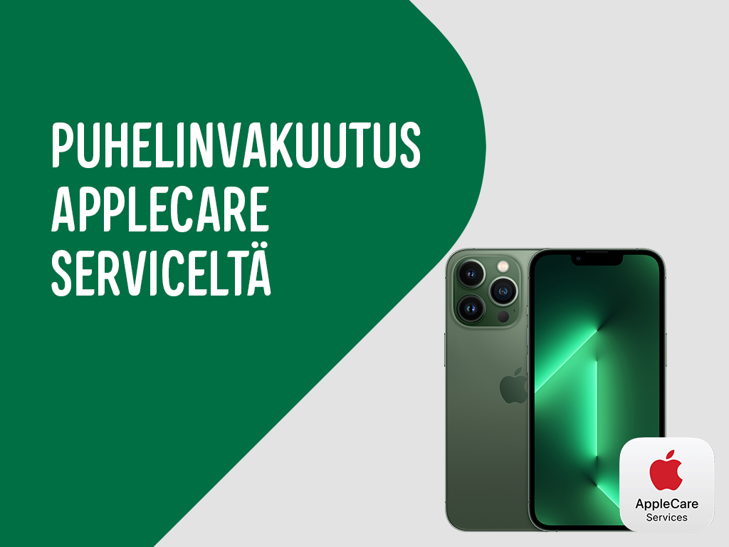 Puhelinvakuutus AppleCareServiceltä -teksti ja kuva iPhonesta