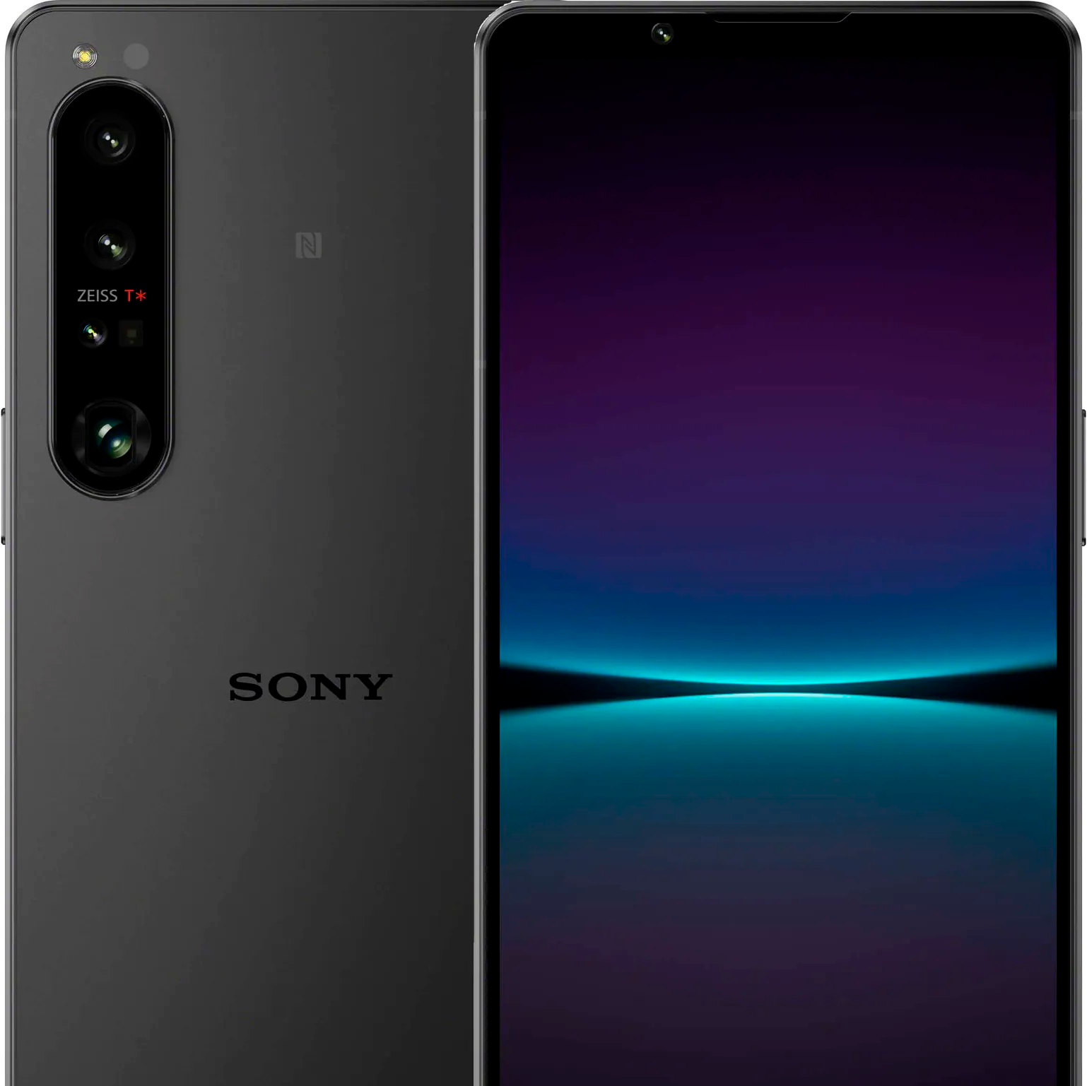 Sony Xperia 1 IV 5G takaa ja edestä kuvattuna, näkyvillä puhelimen kamerat